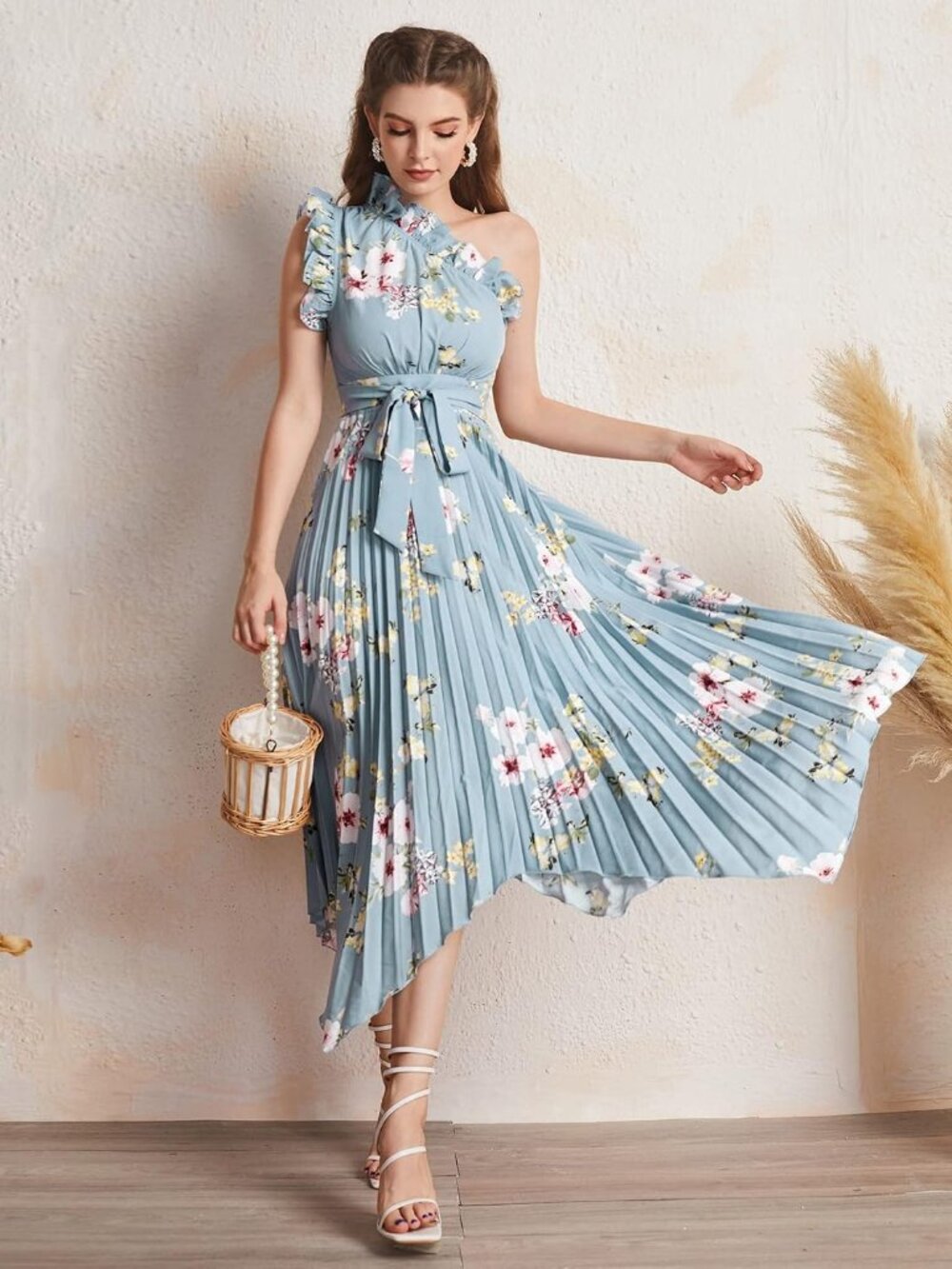 SHEIN Blue Floral One Shoulder Pleated Midi Dress Asymmetrical Hem Size L